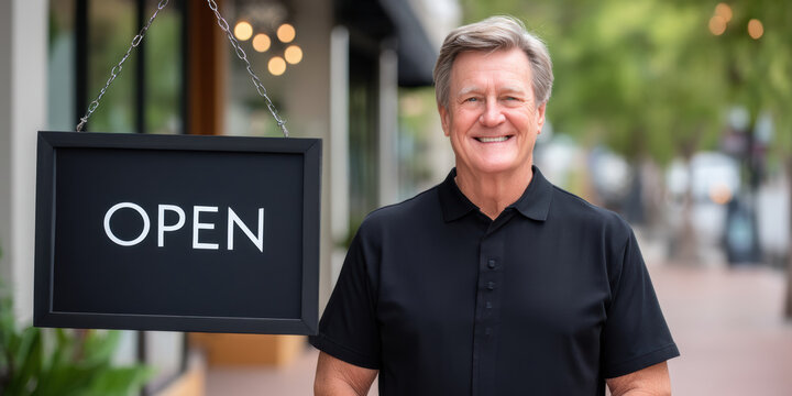 Small business owner smiling outside storefront open sign friendly entrepreneur standing sidewalk