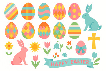 Colorful Easter flat vector bundle showcasing geometric egg designs stylized rabbits blooming seasonal flowers Christian symbols and celebration elements sharp shapes vibrant 