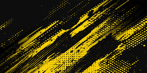 Yellow and black backdrop with dot halftone pattern element. Abstract brush grunge background. retro comic concept for your graphic design, banner or poster. Vector illustration.