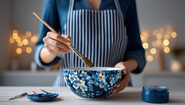 Small business artisan painting floral ceramic bowl with brush and blue paint