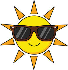 Cool cartoon sun with sunglasses, smiling face and bright rays for summer, weather, seasonal design, and cheerful vector content use.