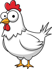 Funny cartoon chicken character with big eyes, red comb, yellow legs and white feathers standing upright in playful style