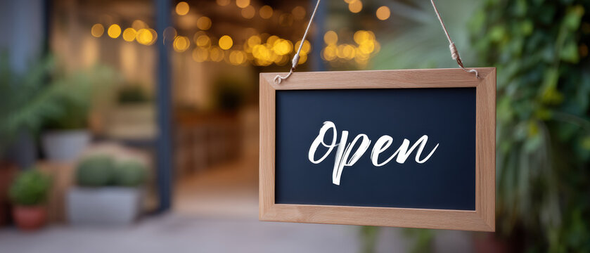 Small business open sign hanging outside shop with bokeh lights creating warm inviting mood