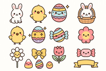 Obraz premium Kawaii Easter vector icon pack featuring tiny adorable bunnies expressive chicks glittery egg designs candy elements smiling flowers and ribbon borders rounded cartoon shapes clean 
