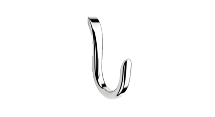 Silver reflective metal hook. Illustrates curved design, product showcases.