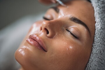 Naklejka premium A woman with glowing skin receiving a chemical peel treatment in a luxury spa.