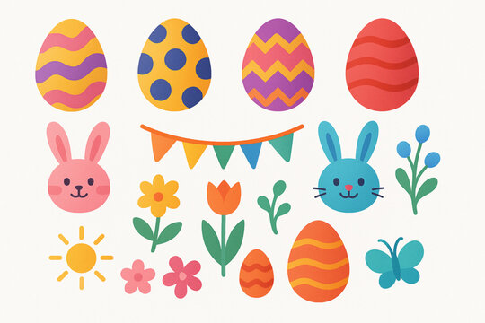 Color rich Easter icon set composed of artistic eggs fun bunny faces whimsical spring plants party bunting and seasonal doodles bold flat design shapes gentle gradients high quality vector