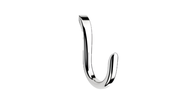 Silver reflective metal hook. Illustrates curved design, product showcases.