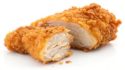 Golden crispy fried chicken breast, sliced to show juicy meat inside, perfect for fast food menus and delicious dinner promotions, food photography