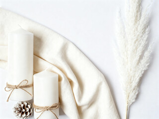White candles with soft fabric and decorative pampas grass on table -  