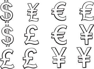 A 3D vector illustration displaying various global currency symbols for finance and money exchange