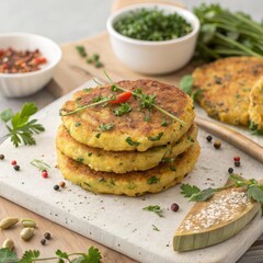 Delicious homemade potato cakes stacked high, garnished with fresh herbs, perfect for healthy eating promotions or culinary blogs and vibrant food content