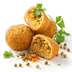 Delicious fried arancini balls stuffed with savory filling and garnished with parsley, ideal for food blogs, restaurant menus, and culinary promotions