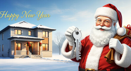 Santa Claus holds keys to a new home in front of a modern house, symbolizing Christmas joy, New Year beginnings, and successful holiday real estate purchases.