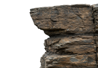 A large, rugged, cliff-shaped rock formation with earthy brown, reddish-brown, and dark grey stratified textures, isolated on a transparent background with copy space, concept for natural element