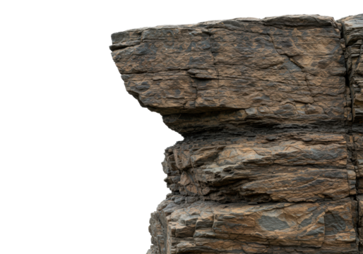 A large, rugged, cliff-shaped rock formation with earthy brown, reddish-brown, and dark grey stratified textures, isolated on a transparent background with copy space, concept for natural element