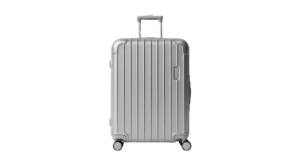 Silver suitcase has ribbed texture in direct studio lighting on black. Use for product photography, branding, mockups, posters.
