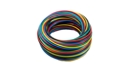 Primary-colored coiled cables shine against black. Ideal for backgrounds, technology illustrations, or industrial design posters.