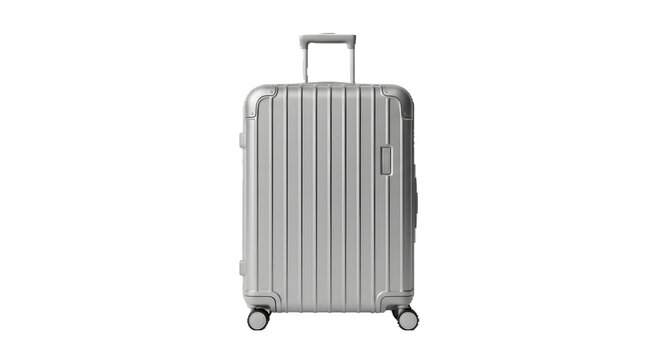 Silver suitcase has ribbed texture in direct studio lighting on black. Use for product photography, branding, mockups, posters. - Powered by Adobe