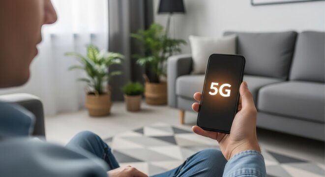 Man holding smartphone with 5g network sign on screen. Concept of high speed internet access and next generation mobile technology connection.