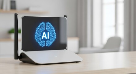 Router with screen displaying a glowing AI brain symbol. Modern internet connection and artificial intelligence integration for smart home networking technology.