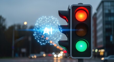 Ai brain network against a city background at night. Future of intelligent traffic signal control and smart transport system concept for urban planning.