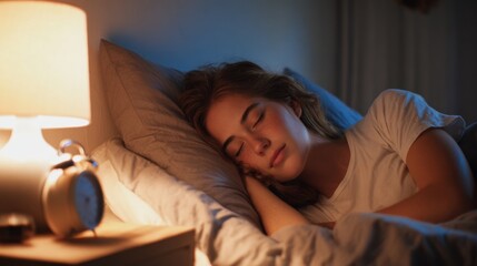 A young woman sleeping in her bed at night.
