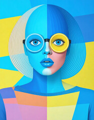Surreal Geometric Pop Art Illustration, Woman with Blue Hair and Round Glasses, Abstract Color Block Face and Patchwork Clothing Design, Wallart