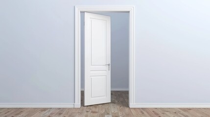 Open White Door in Light Blue Room with Wooden Floor and Simple Molding