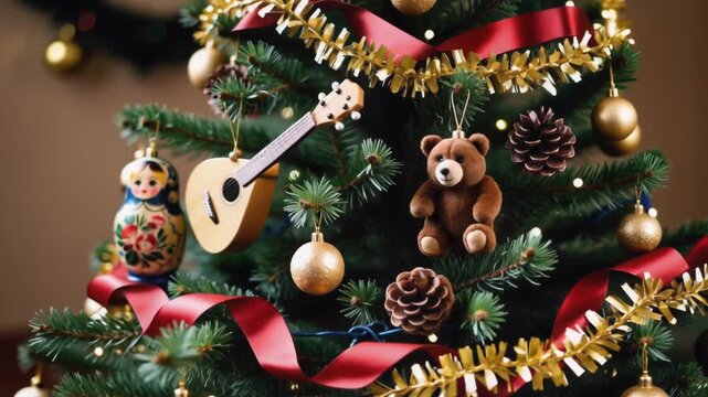 Festive Christmas tree with matryoshka doll, teddy bear, guitar ornament, pinecones, gold baubles, and ribbon.