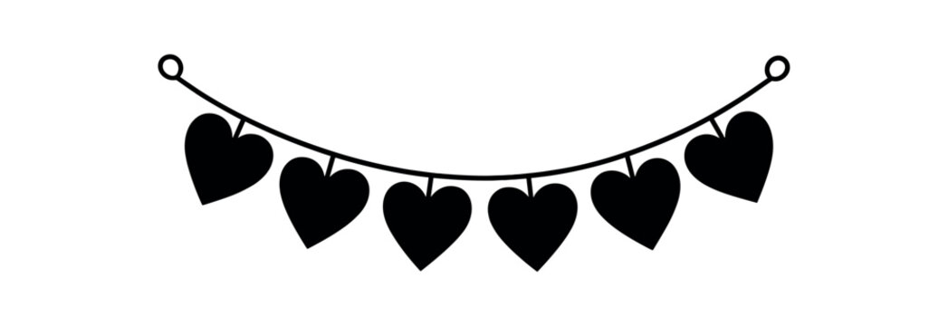 Decorative garland with heart flags black silhouette with string and shape lines valentine party decor