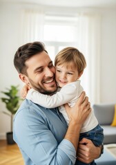 Father with joyful expression holding child in a cozy living room