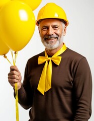Cheerful senior man wearing hard hat and holding yellow balloons, smiling