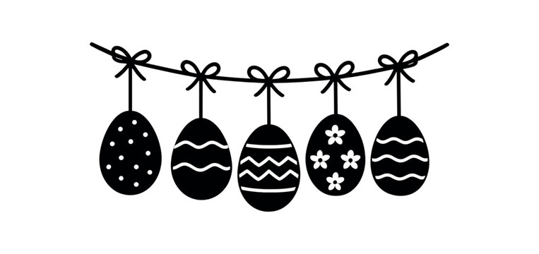 Garland with hanging eggs black silhouette with string and pattern line accents seasonal decor detail