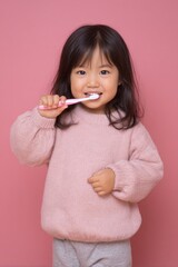 Young asian girl brushing her teeth.