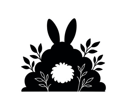 Bunny tail peeking from bush black silhouette with fluff and leaf lines humorous festive moment