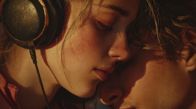 Hyperrealistic Image Friends Sharing Headphones Listening Music Together Connection