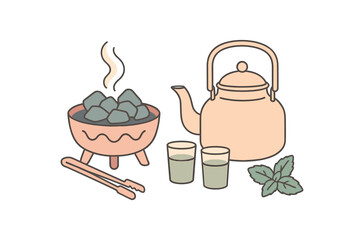 Flat vector desert camp tea: kettle charcoal brazier small glasses mint sprig tongs pastel palette clean outlines minimal centered isolated on white no logos