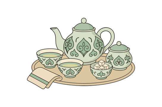 Flat vector uzbek green tea: porcelain teapot piala bowls sugar bowl tray towel pastel palette clean outlines minimal centered isolated on white no logos