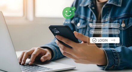 Person using laptop and mobile phone with face id and login interface displayed on the screen