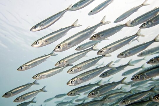 School of small silver fish swimming together underwater in clear blue water
