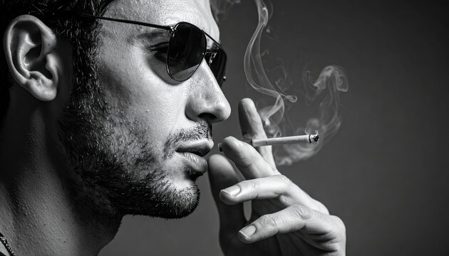 Man wearing sunglasses smokes cigarette, exhaling smoke in dramatic black and white portrait. image captures sense of mystery and intensity - Powered by Adobe