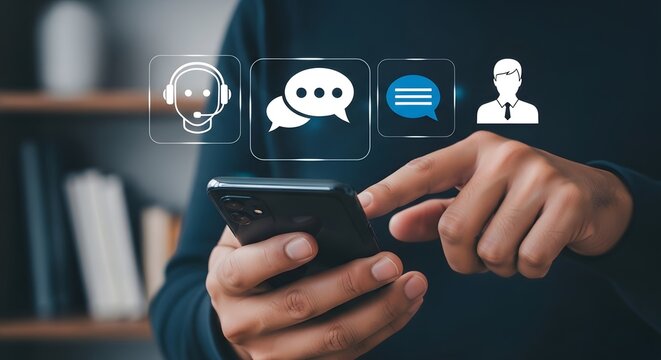 Person using smartphone with customer service and communication icons floating above the device screen