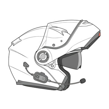Line drawing of a modular motorcycle helmet with an attached communication system and microphone, viewed from the side.