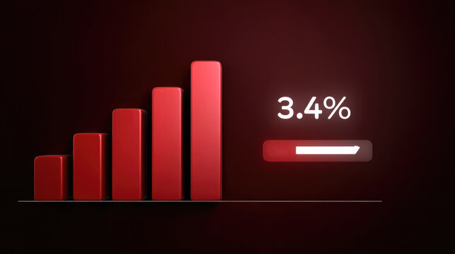 Minimalist red bar chart with five columns, glowing percentage, dark background, modern business data visualization