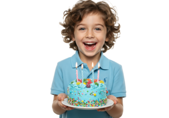 Caucasian boy, curly brown hair, sky-blue polo, wide excited smile, holding light blue birthday cake with sprinkles, candies, 5 candles, white studio background, birthday celebration atmosphere