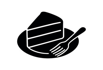 Slice of cake on plate black silhouette with layer and fork lines served dessert moment