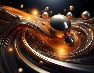a dark background showcases a dynamic swirl of metallic spheres some gleaming silver others glowing amber creating a sense of motion and depth