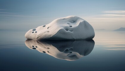 a light grey porous rock floats on a calm reflective surface its mirrored image subtly distorted
