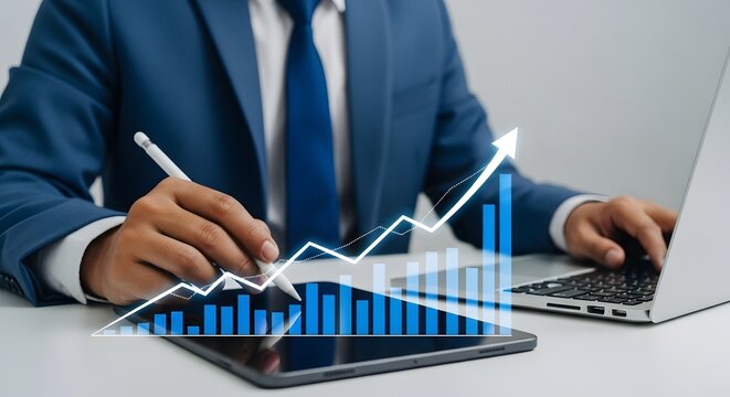 A businessman analyzing a rising graph on a tablet while working on a laptop in a professional setting